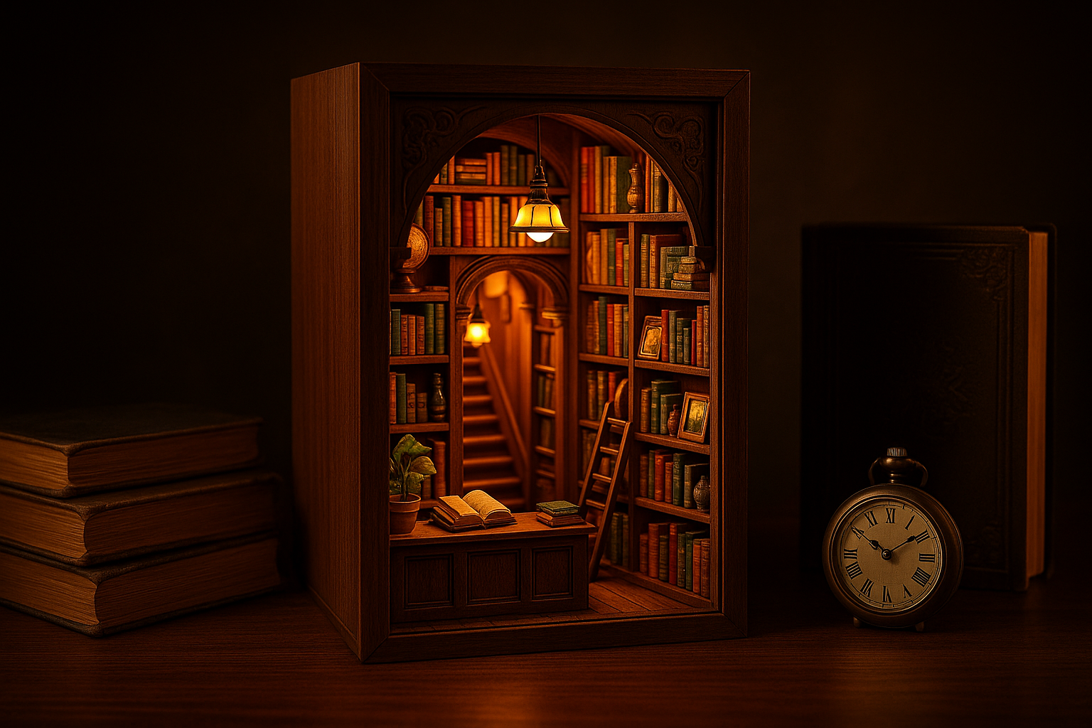 Close-up of a bookshelf with books and an illuminated 'book nook' diorama with an alley scene.