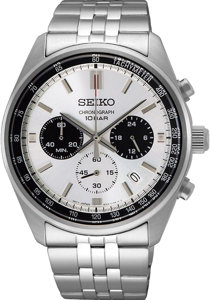 Cronógrafo Seiko con esfera negra y brazalete de acero inoxidable.