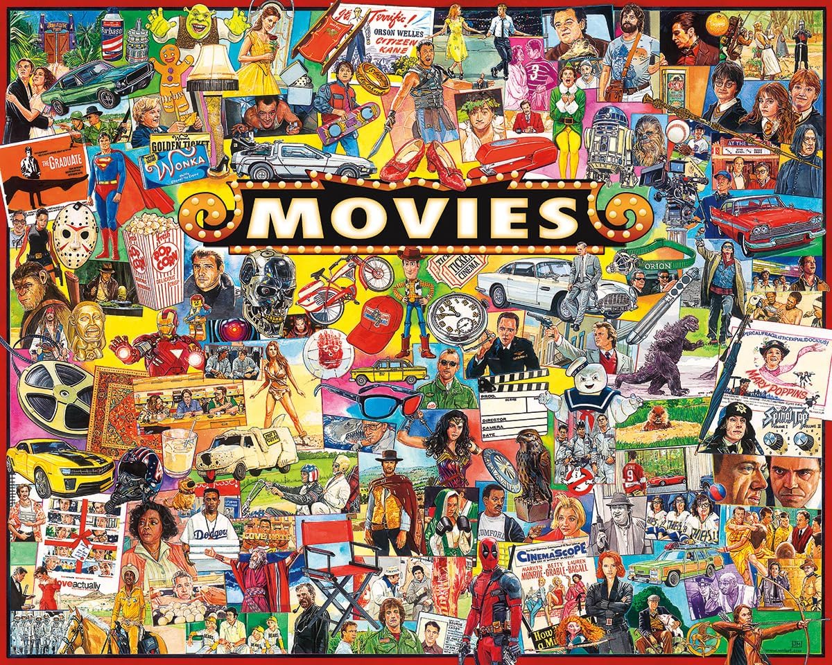 Circular puzzle with illustrations depicting 100 iconic movies.