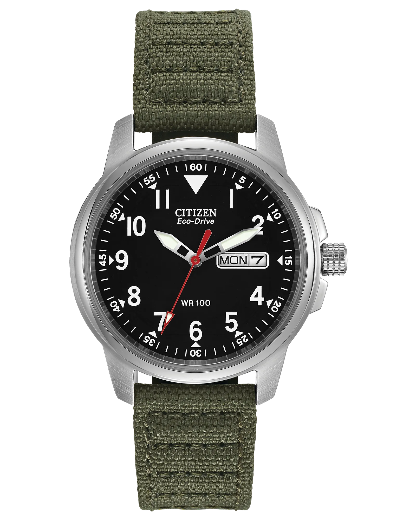 Citizen Eco-Drive Chandler field watch with green canvas strap.