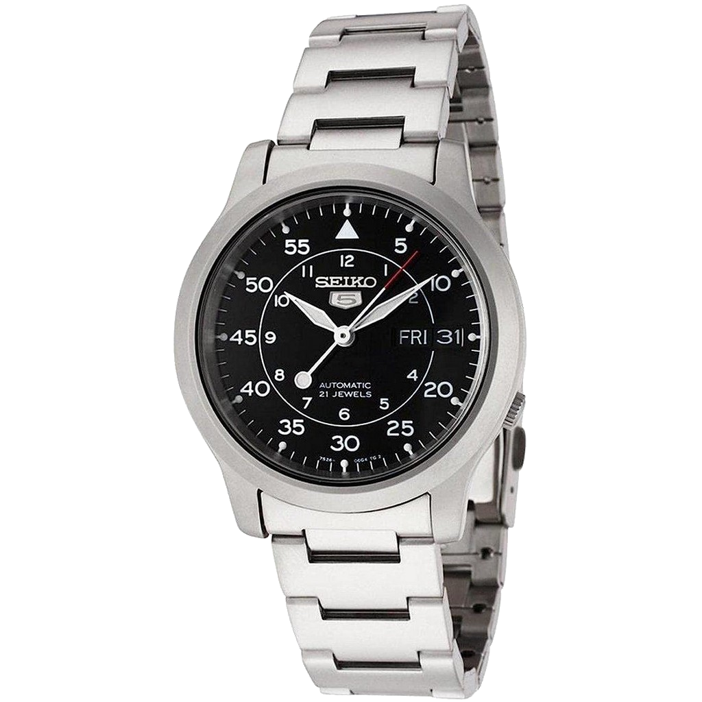 Seiko 5 SNK809 automatic military style watch with black nylon strap.